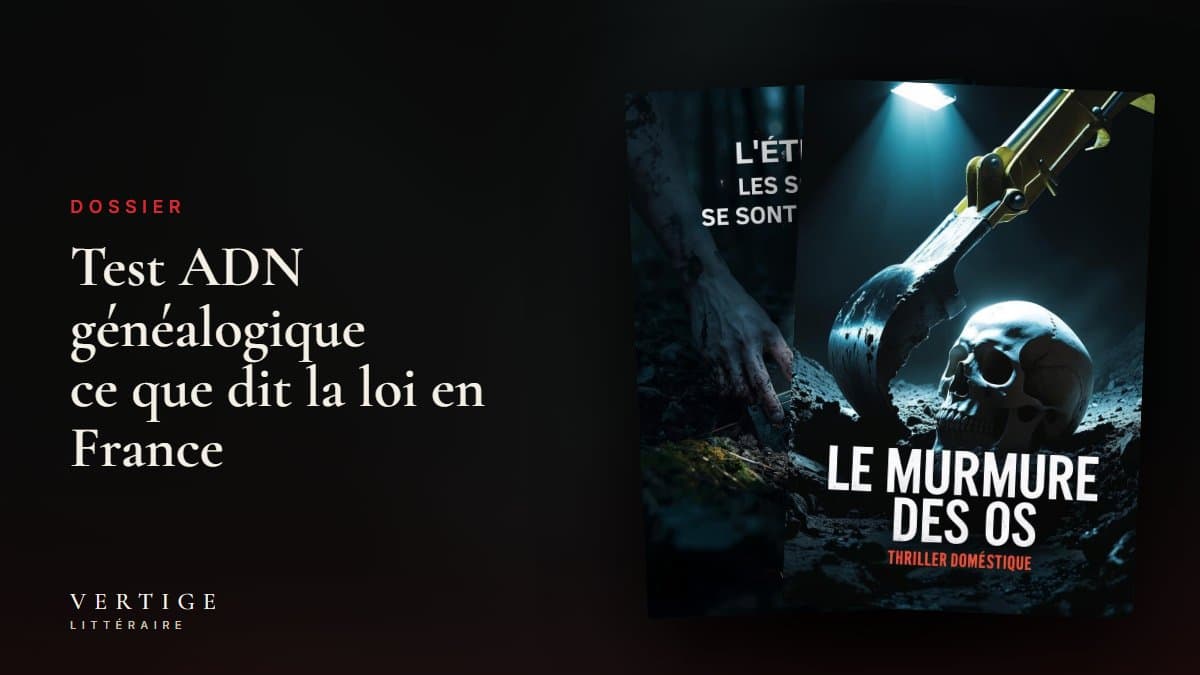 Kit de test ADN et enveloppe ouverte sur une table de cuisine, la nuit